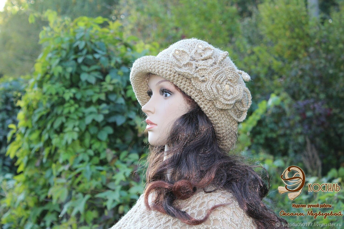 Шляпа клош ''Ольга''с брошью цветком из джута от OksanaMedvedeva