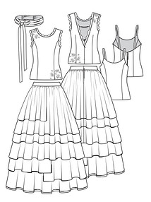 Технический рисунок свадебного платья с пышными оборками
