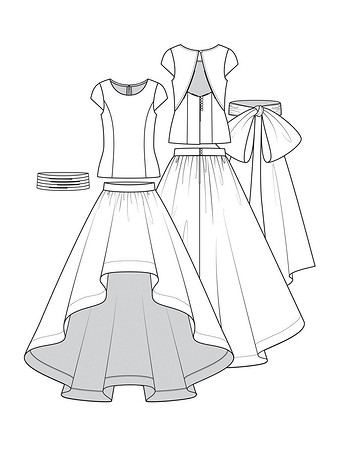 Технический рисунок свадебного платья с асимметричной юбкой