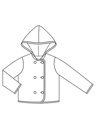 Технический рисунок двубортной куртки с капюшоном