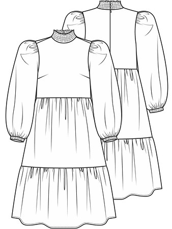 Технический рисунок платья с широкой оборкой на юбке
