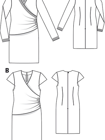 Технический рисунок вариантов платья с драпирующейся деталью переда