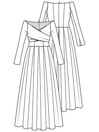 Технический рисунок платья с декольте и широкой юбкой