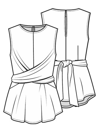 Технический рисунок блузки с цельнокроеными завязками