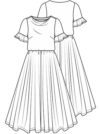 Технический рисунок платья с широкой юбкой
