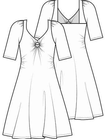 Технический рисунок платья с драпировкой на груди