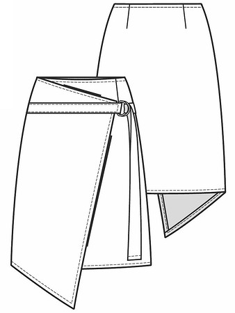 Технический рисунок асимметричной юбки с запахом