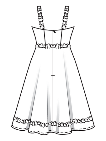 Технический рисунок спинки платья с расклешенной юбкой