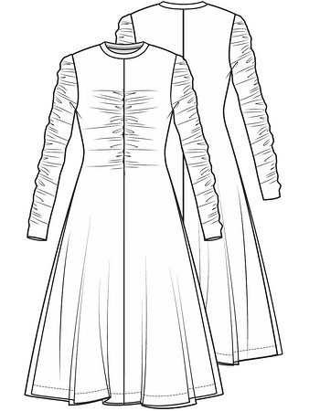 Технический рисунок платья со сборками на лифе и рукавах