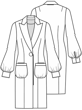 Технический рисунок длинного жакета с накладными карманами