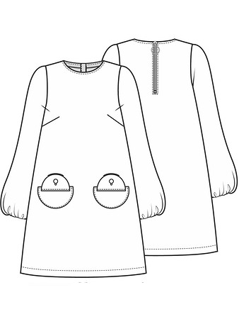 Технический рисунок платья А-силуэта с круглыми карманами