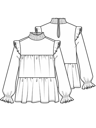 Технический рисунок блузки с оригинальным воротником-стойкой