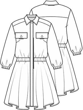Технический рисунок платья рубашечного кроя с потайной застежкой