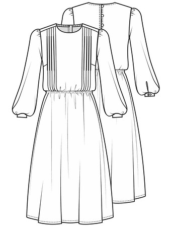 Технический рисунок платья с узкими складками на лифе