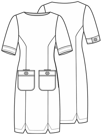Технический рисунок платья-футляра с накладными карманами