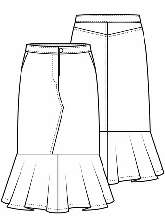 Технический рисунок юбки с воланом