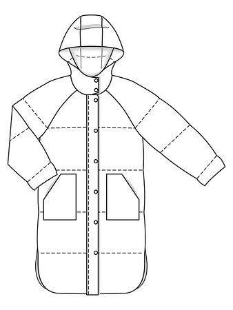 Технический рисунок утепленного пальто с капюшоном