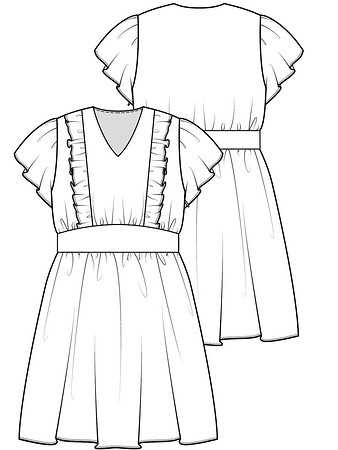 Технический рисунок платья с рукавами-крылышками для девочки