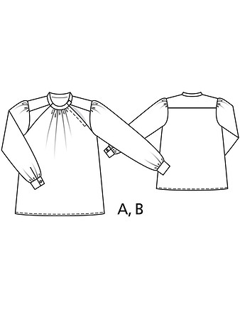Технический рисунок блузки широкого кроя с заклепками на воротнике-стойке