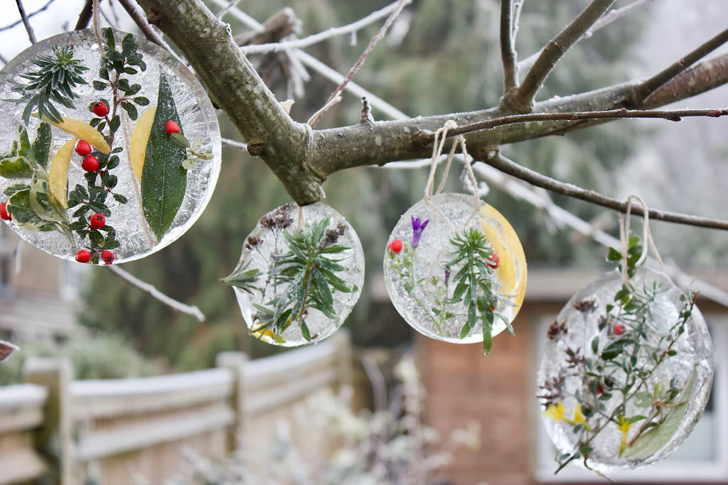 Идея: ледяные новогодние украшения для уличных деревьев