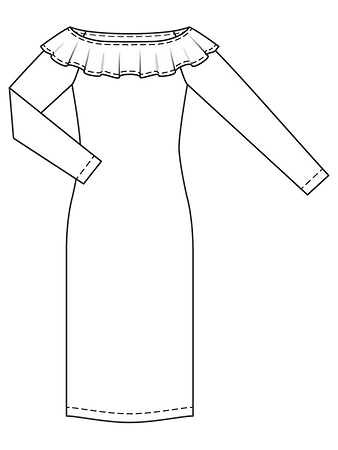 Технический рисунок приталенного платья с вырезом кармен