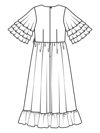 Технический рисунок платья макси с воланами спинка