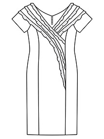 Технический рисунок платья-футляра с отделкой узкими воланами