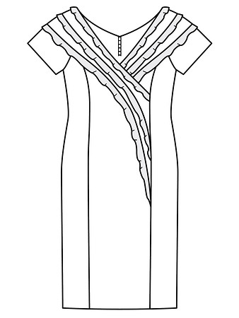 Технический рисунок платья-футляра с отделкой узкими воланами