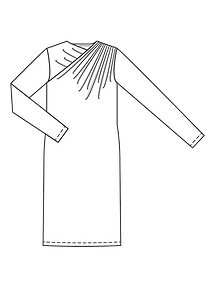 Технический рисунок платья с оригинальной драпировкой на плече