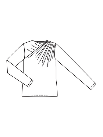 Технический рисунок пуловера с оригинальной драпировкой на плече