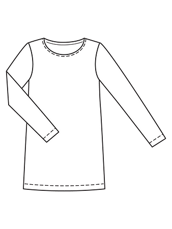 Технический рисунок длинного пуловера слегка расклешенного силуэта