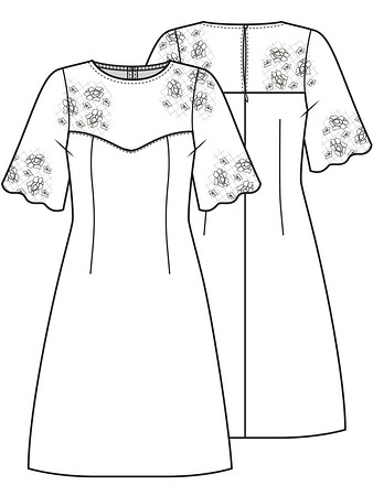 Технический рисунок платья с кружевной кокеткой
