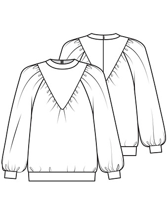 Технический рисунок пуловера с пышными рукавами реглан