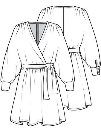 Технический рисунок платья с драпировкой у плечевых швов