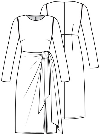 Технический рисунок платья с драпировкой на талии