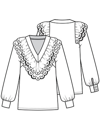 Технический рисунок блузки с двойной оборкой вдоль горловины