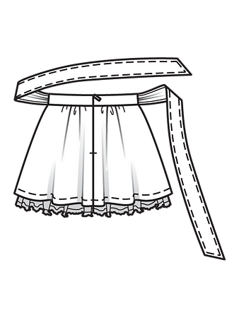 Технический рисунок пышной юбки с завязывающимся поясом вид сзади