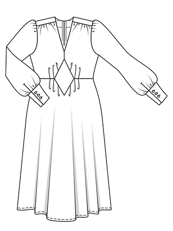 Технический рисунок длинного платья с пышными рукавами