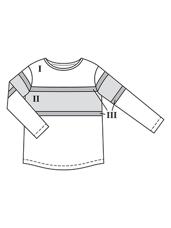Технический рисунок прямого пуловера в стиле колорблокинг