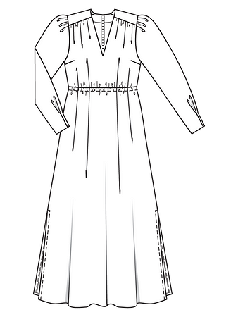 Технический рисунок длинного платья с V-вырезом и пышными рукавами