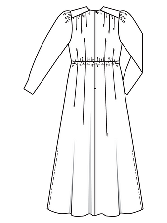 Технический рисунок длинного платья с V-вырезом и пышными рукавами спинка