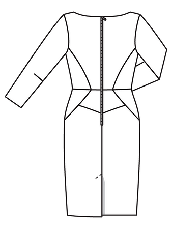 Технический рисунок платья-футляр с эффектными линиями кроя спинка
