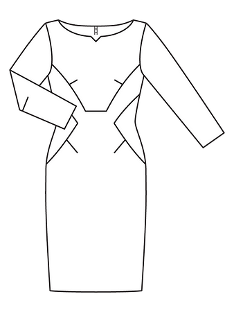 Технический рисунок платья-футляр с эффектными линиями кроя