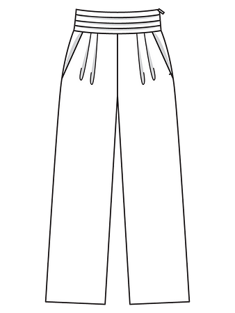 Технический рисунок брюк с широким поясом камербанд