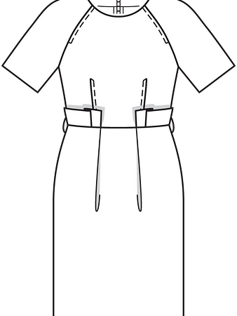 Технический рисунок платья-футляр с эффектными деталями