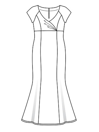 Технический рисунок платья силуэта «русалка» с драпировкой на груди
