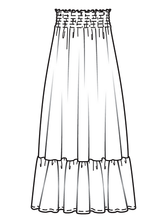 Технический рисунок длинной юбки с широкой оборкой вид сзади